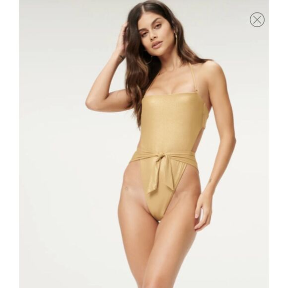 GOOD AMERICAN gold metalic shine  one piece swimsuit bikini sz 3 or 12-14 - Picture 4 of 8
